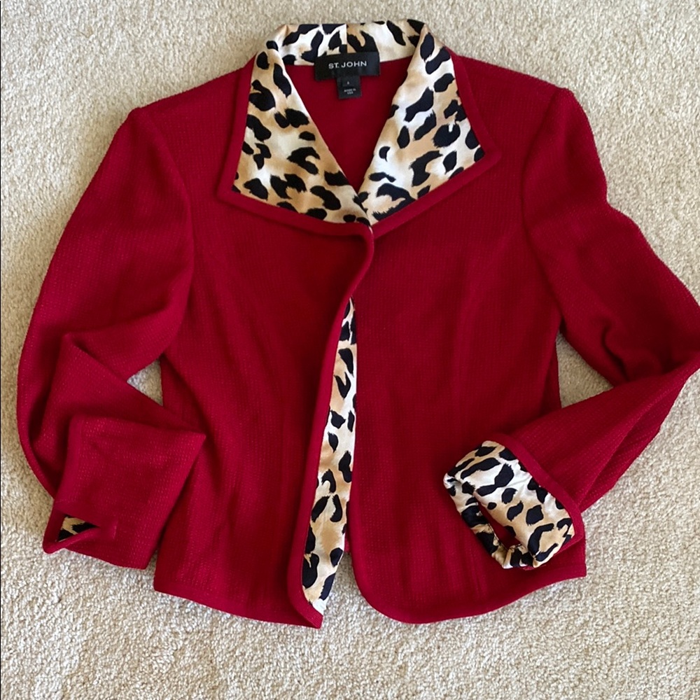 St. John Red Blazer with Leopard Trim